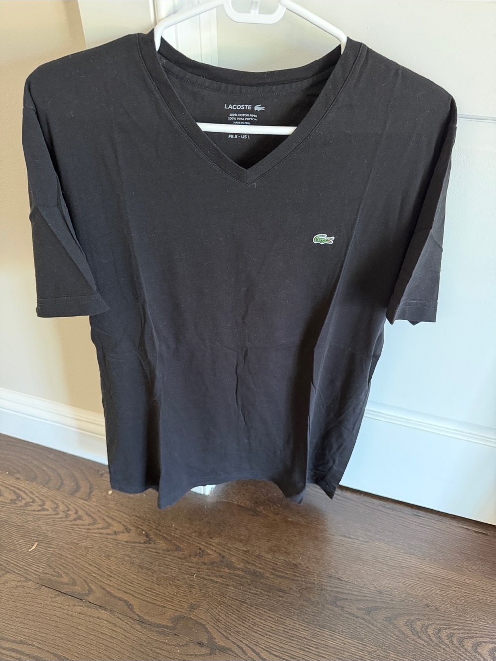 Lacoste Men's Black V-Neck Tee with Green Crocodile Logo